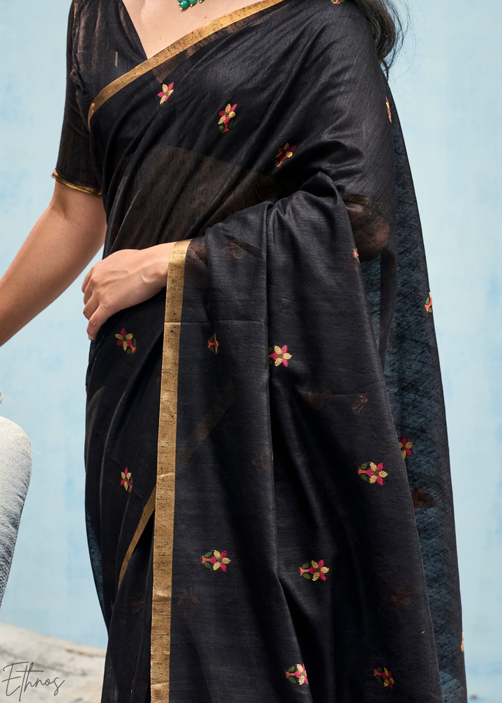 Charcoal Obsidian Artisanal Weave Munga Cotton Saree