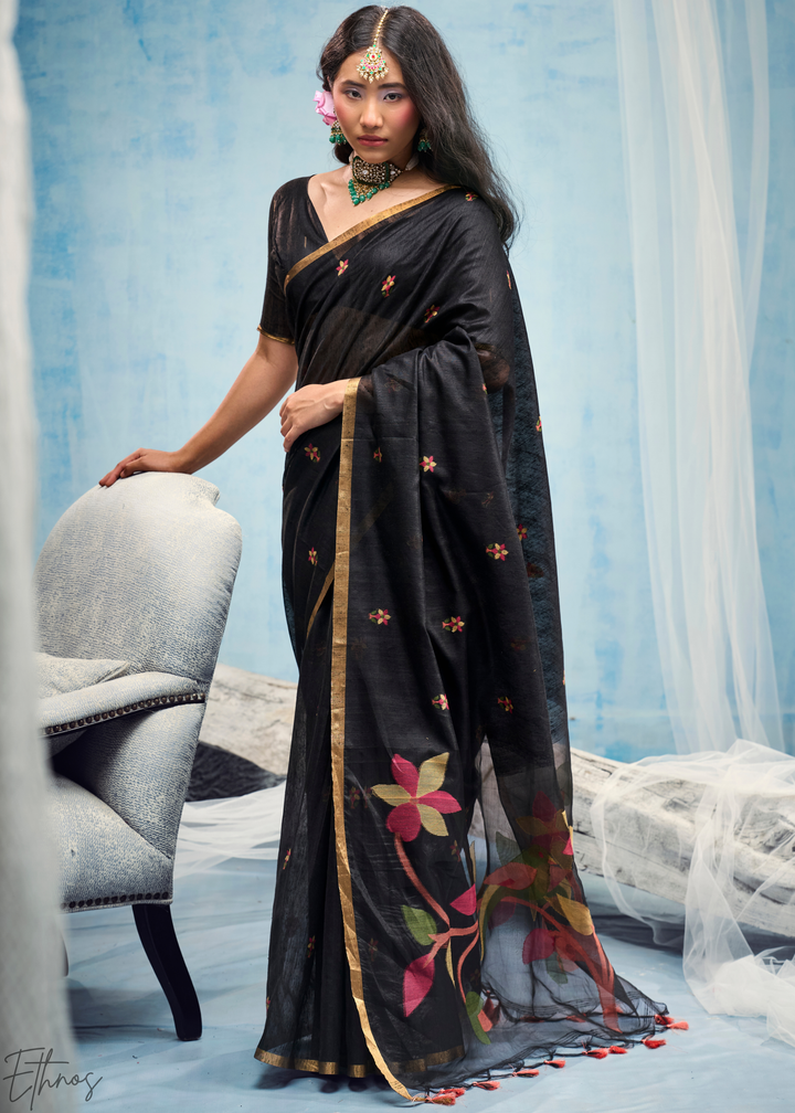 Charcoal Obsidian Artisanal Weave Munga Cotton Saree