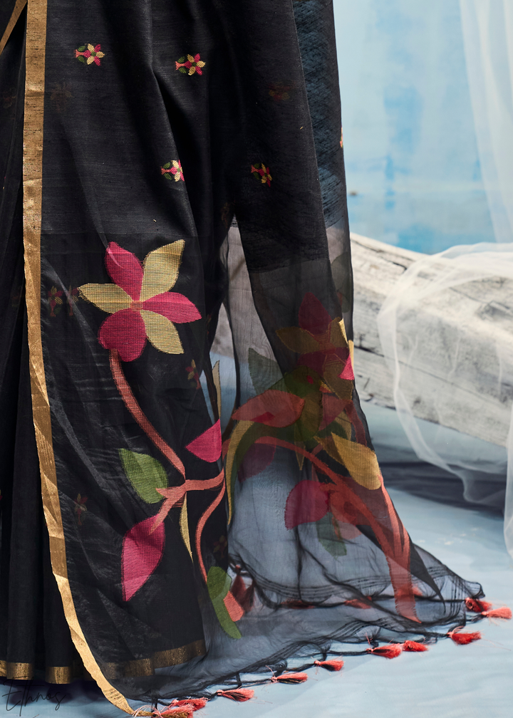 Charcoal Obsidian Artisanal Weave Munga Cotton Saree