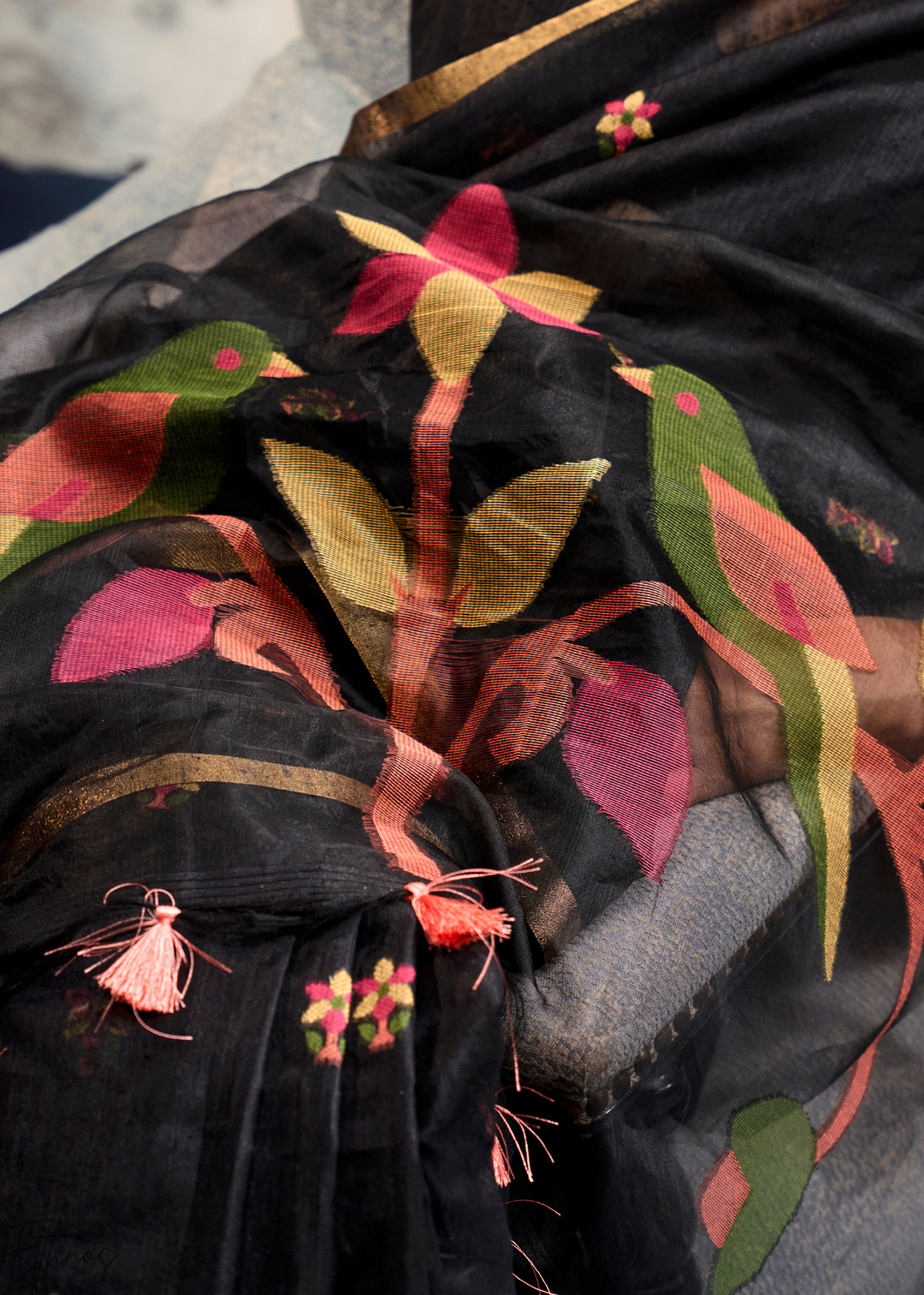 Charcoal Obsidian Artisanal Weave Munga Cotton Saree
