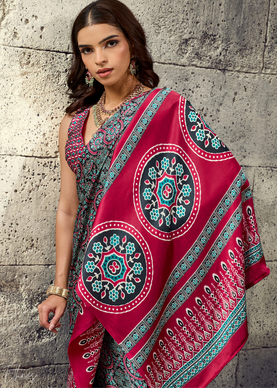 Charcoal Scarlet Ajrakh Printed Modal Satin Saree