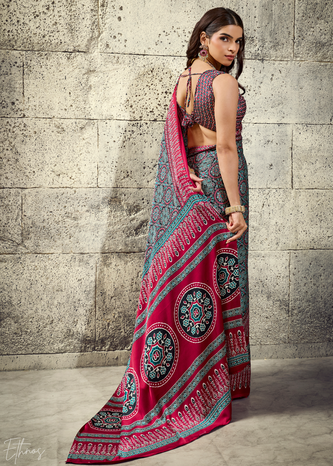 Charcoal Scarlet Ajrakh Printed Modal Satin Saree