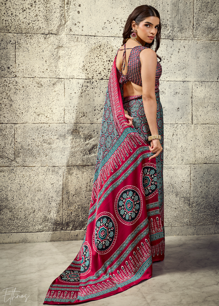 Charcoal Scarlet Ajrakh Printed Modal Satin Saree