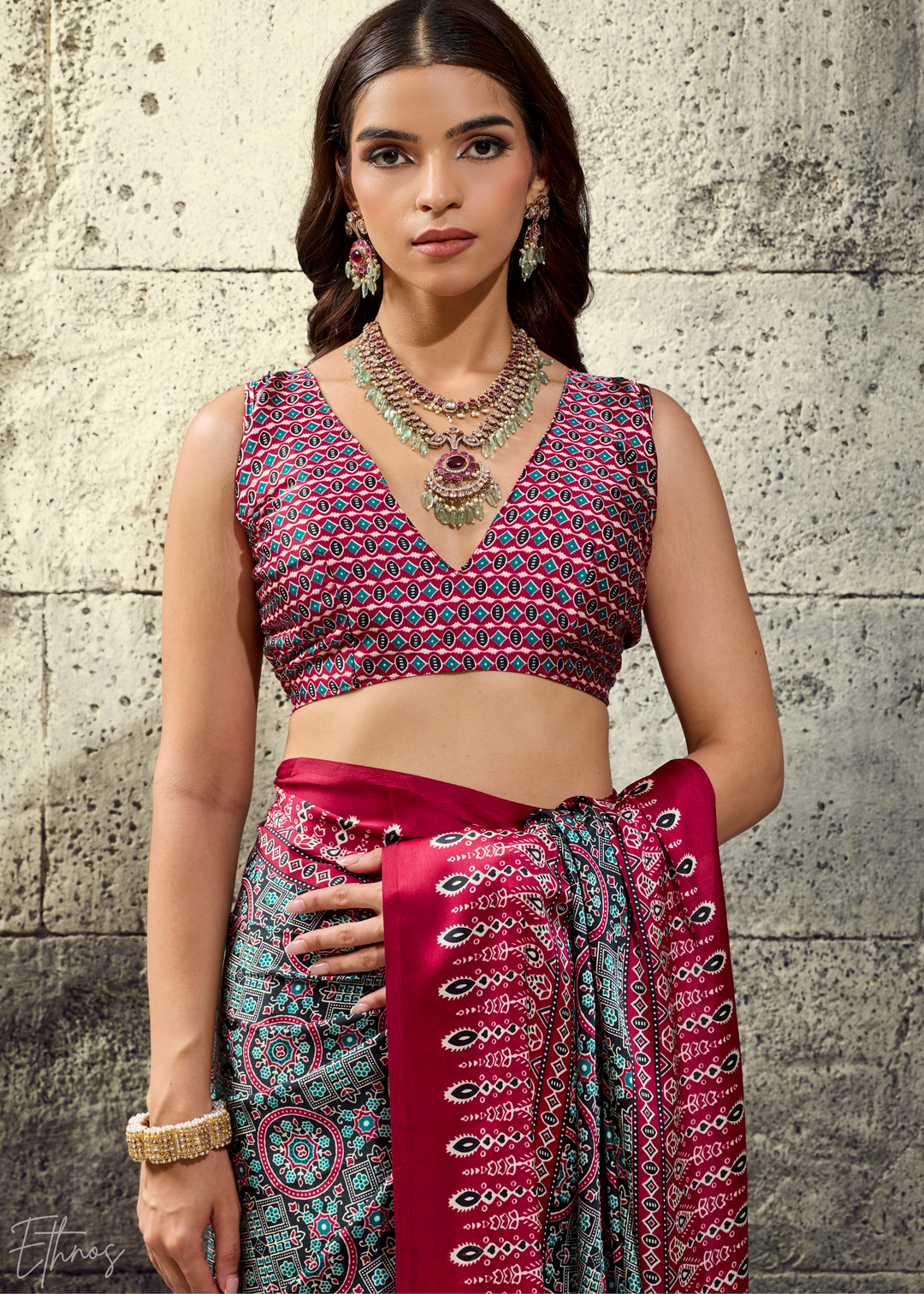 Charcoal Scarlet Ajrakh Printed Modal Satin Saree