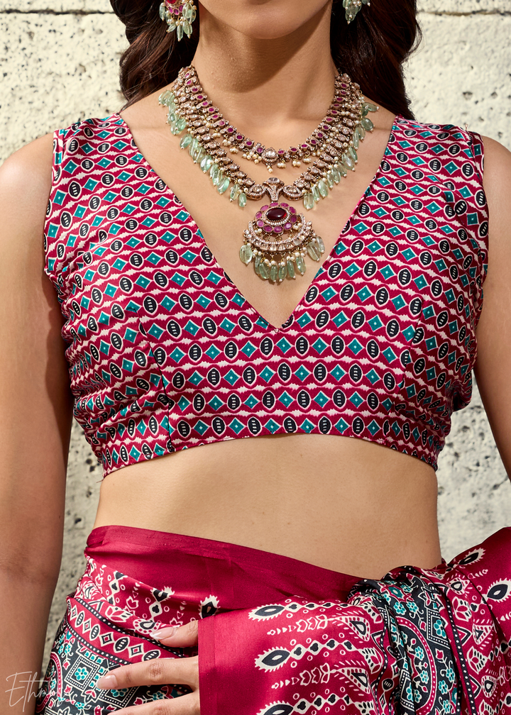 Charcoal Scarlet Ajrakh Printed Modal Satin Saree
