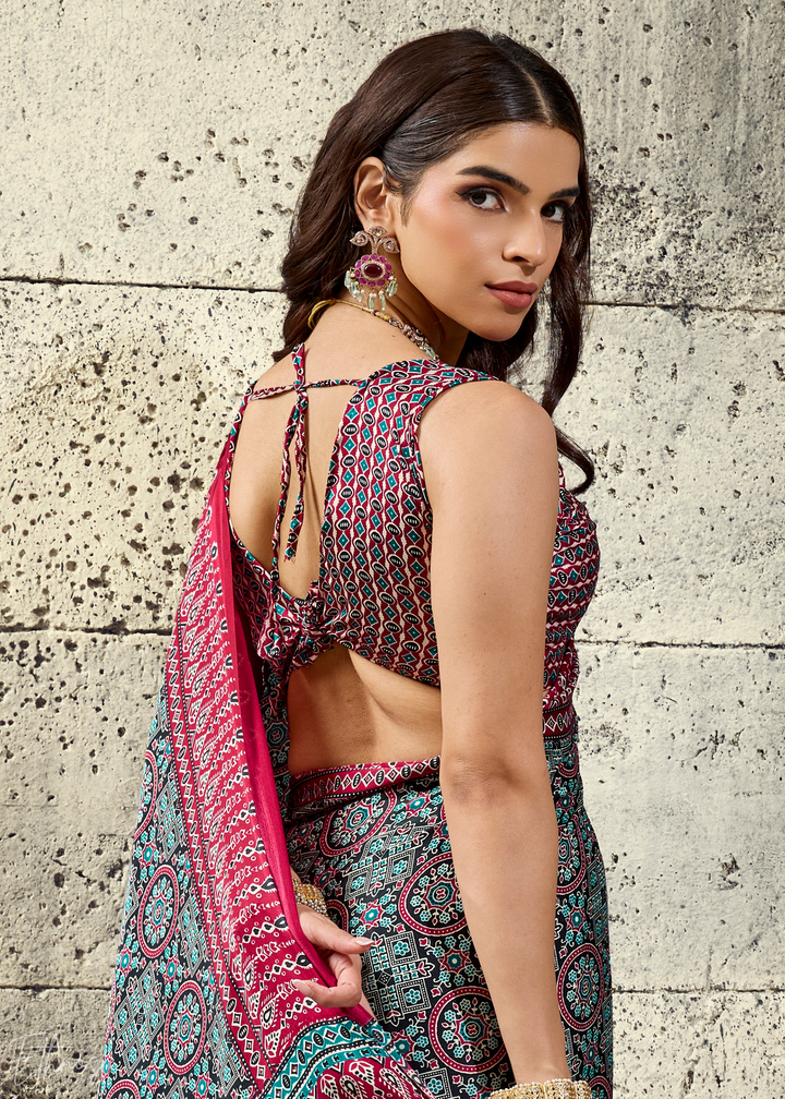 Charcoal Scarlet Ajrakh Printed Modal Satin Saree