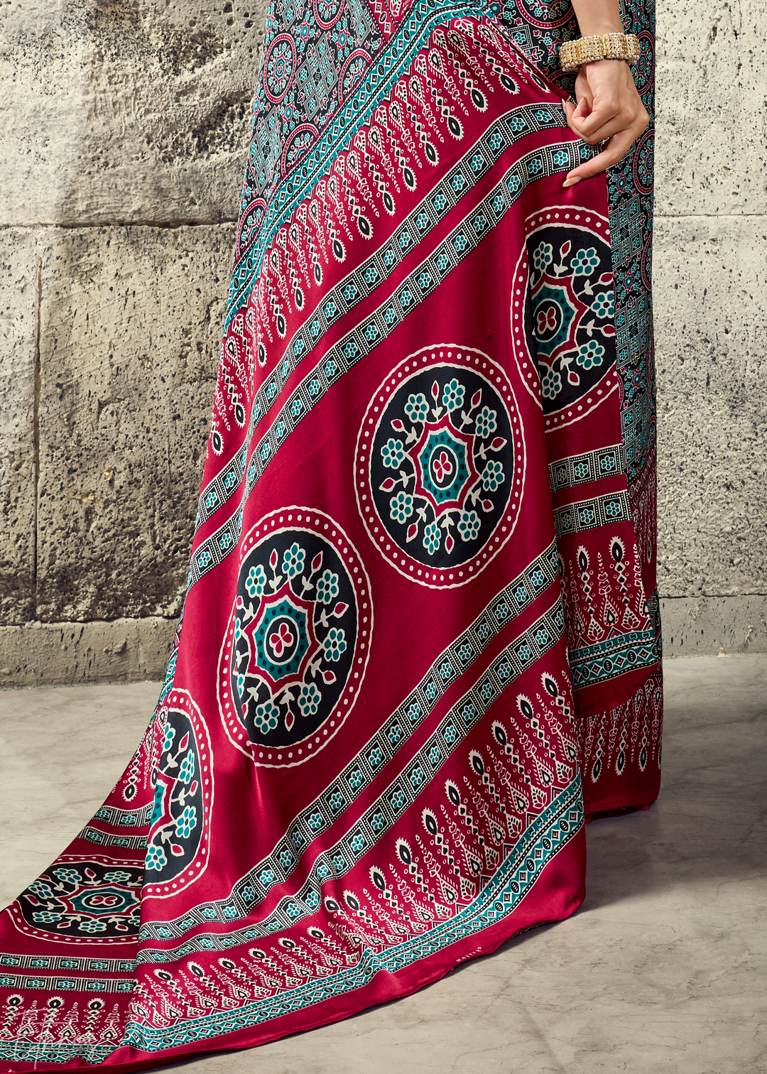 Charcoal Scarlet Ajrakh Printed Modal Satin Saree