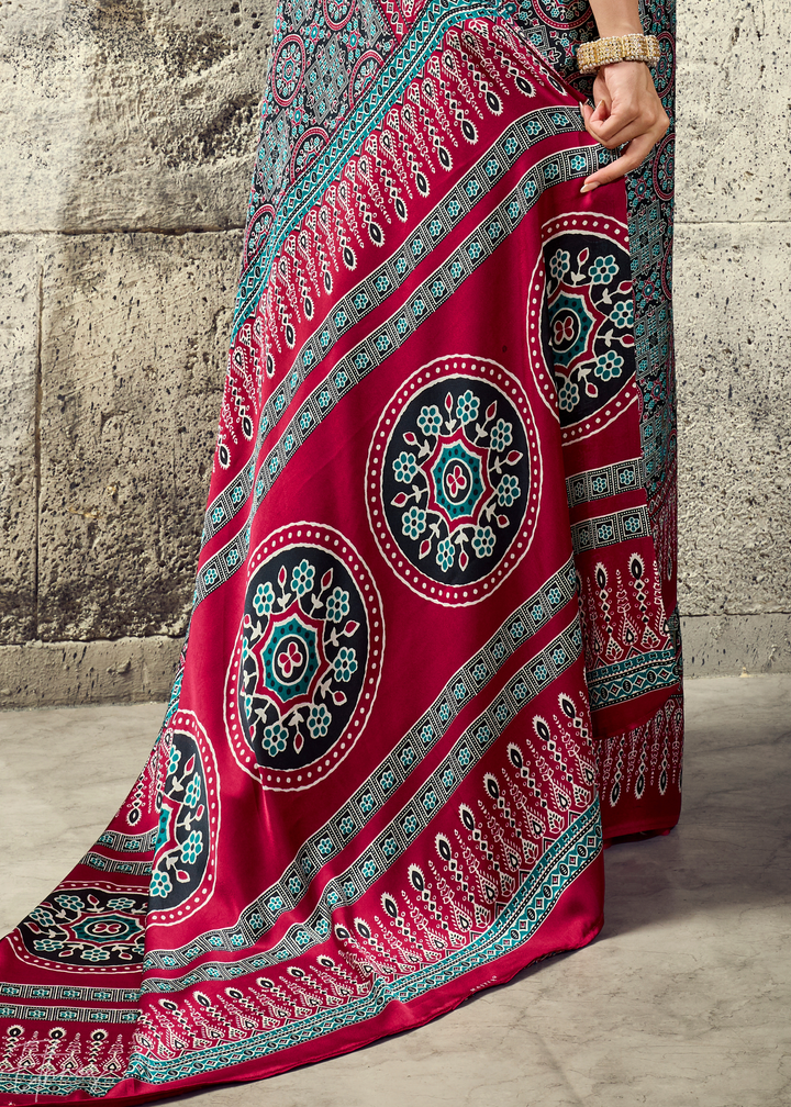 Charcoal Scarlet Ajrakh Printed Modal Satin Saree