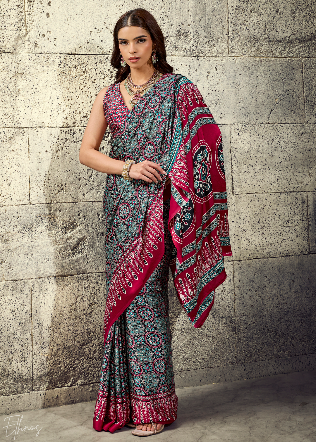 Charcoal Scarlet Ajrakh Printed Modal Satin Saree