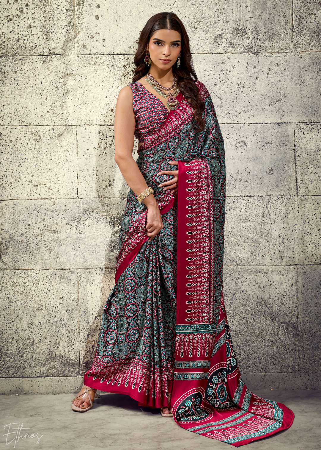 Charcoal Scarlet Ajrakh Printed Modal Satin Saree