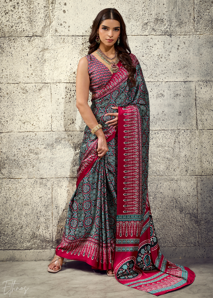 Charcoal Scarlet Ajrakh Printed Modal Satin Saree