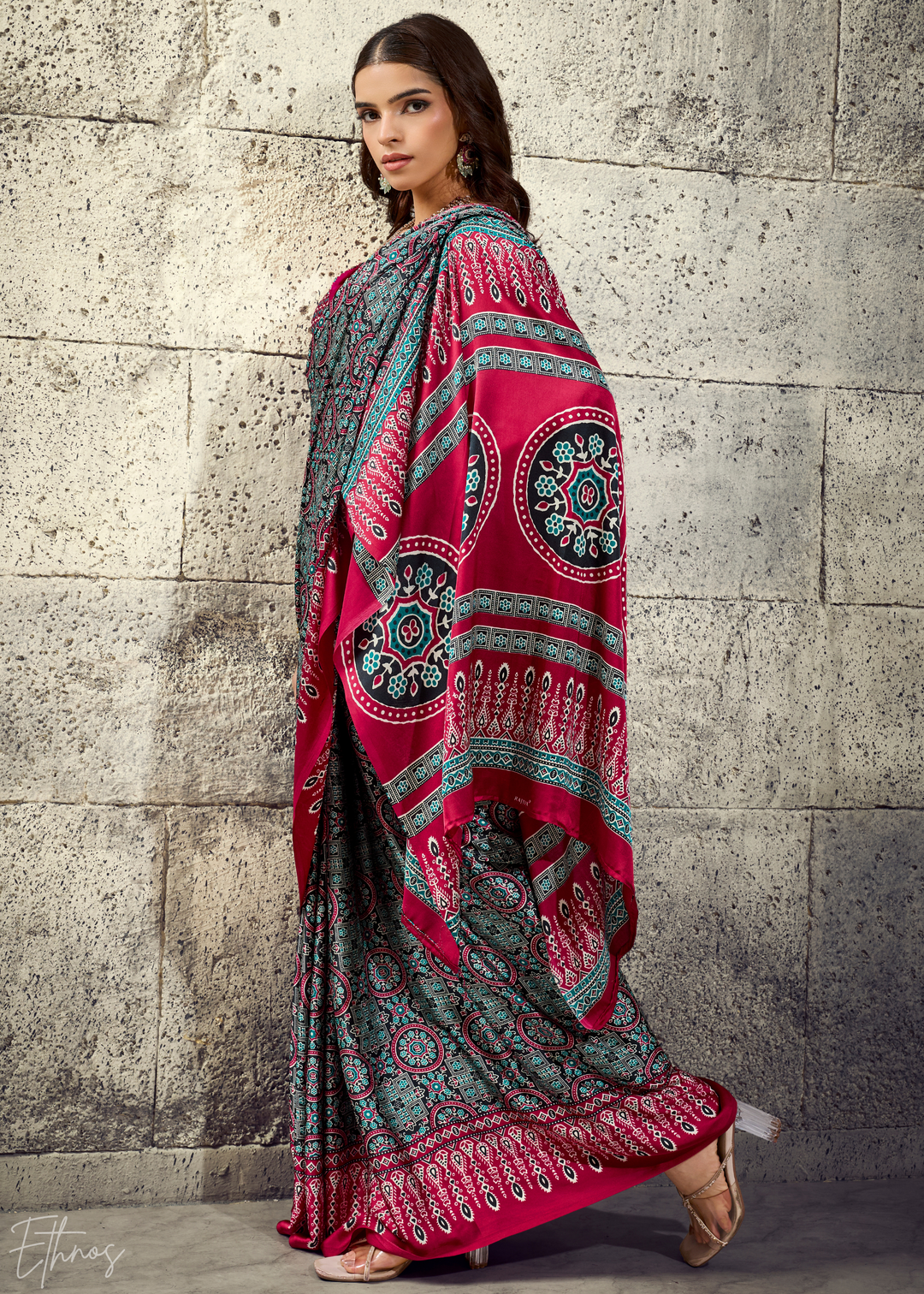 Charcoal Scarlet Ajrakh Printed Modal Satin Saree