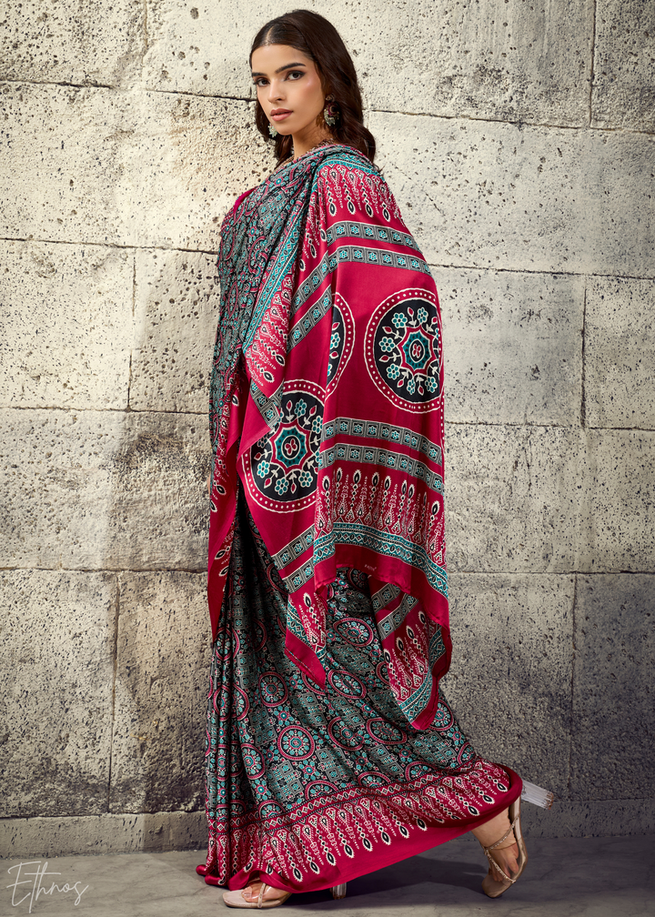 Charcoal Scarlet Ajrakh Printed Modal Satin Saree