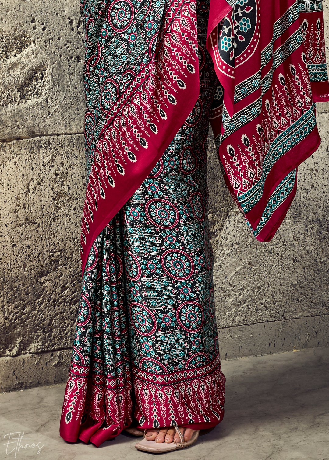 Charcoal Scarlet Ajrakh Printed Modal Satin Saree