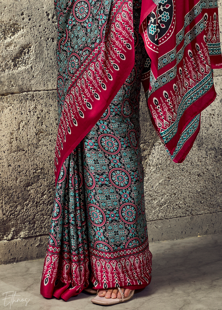 Charcoal Scarlet Ajrakh Printed Modal Satin Saree