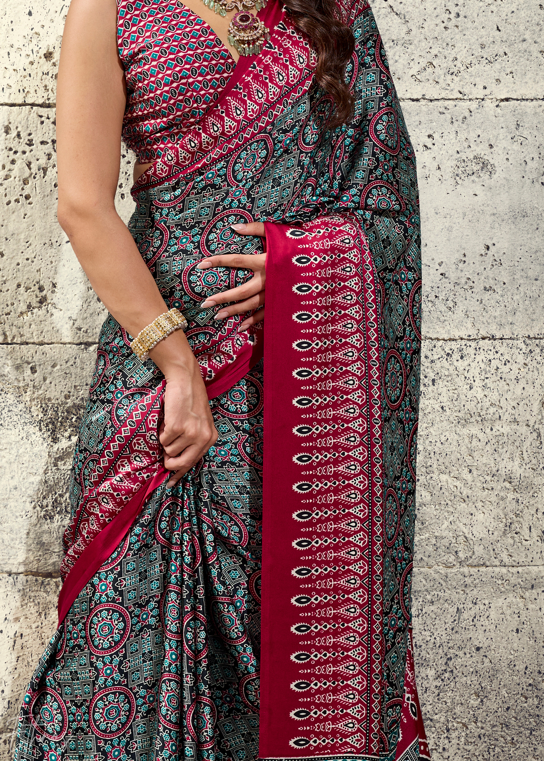 Charcoal Scarlet Ajrakh Printed Modal Satin Saree