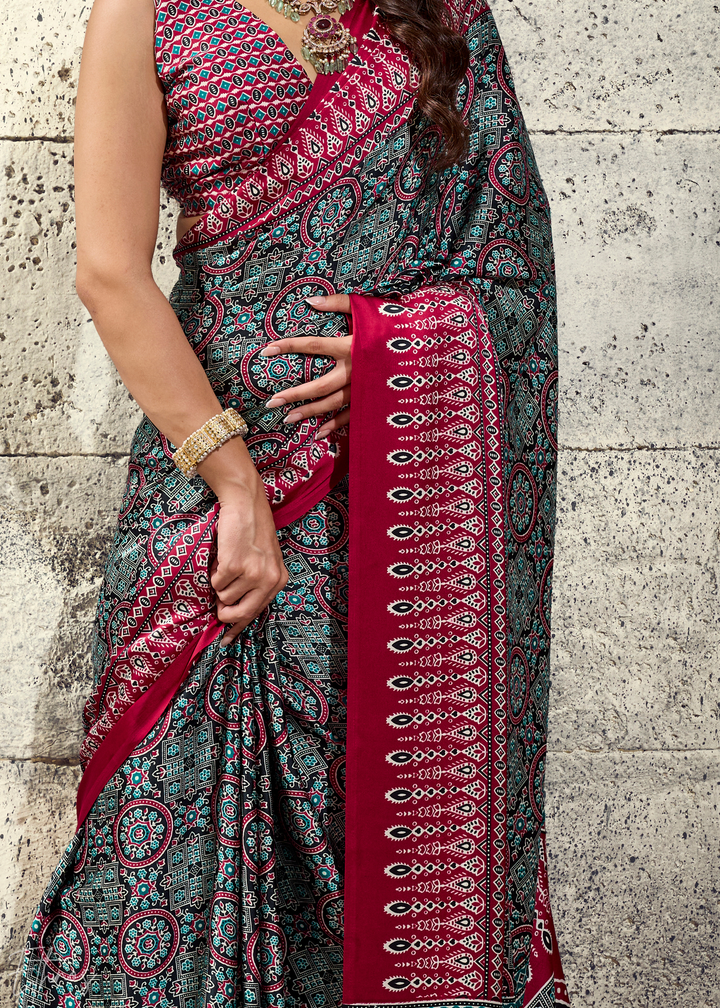 Charcoal Scarlet Ajrakh Printed Modal Satin Saree