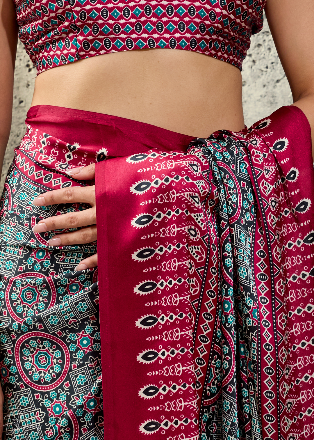 Charcoal Scarlet Ajrakh Printed Modal Satin Saree