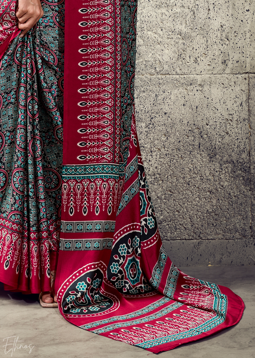 Charcoal Scarlet Ajrakh Printed Modal Satin Saree