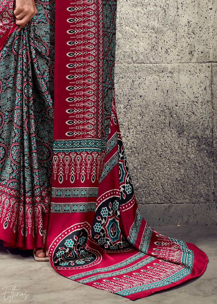 Charcoal Scarlet Ajrakh Printed Modal Satin Saree