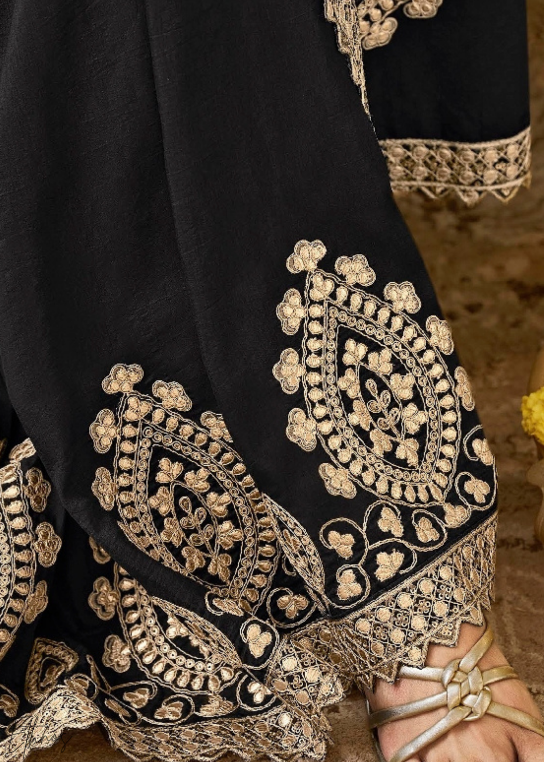 Charcoal Black Gota Patti Bamber Silk Saree