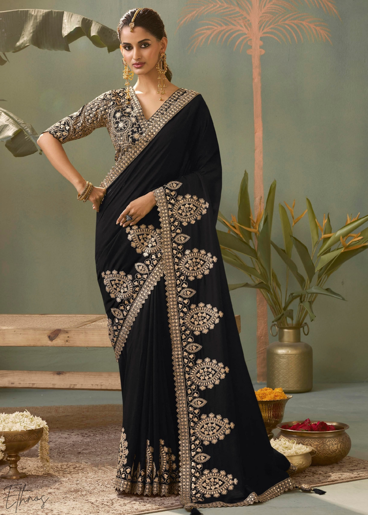 Charcoal Black Gota Patti Bamber Silk Saree