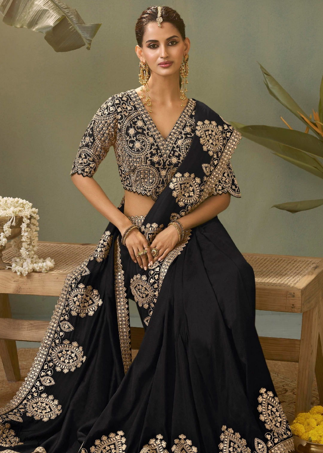 Charcoal Black Gota Patti Bamber Silk Saree