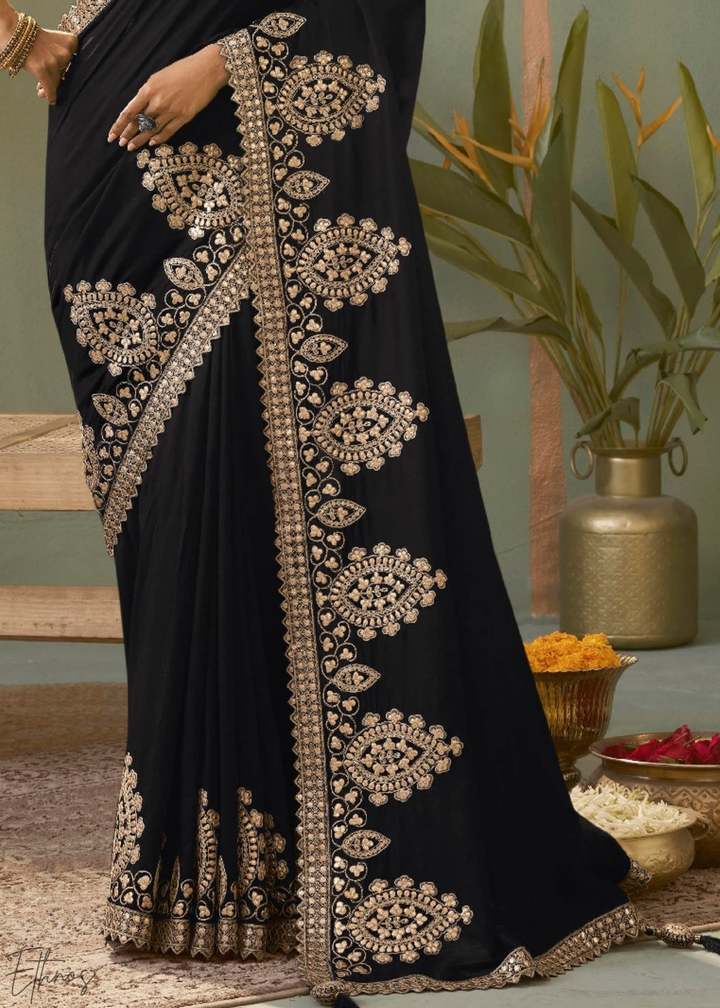 Charcoal Black Gota Patti Bamber Silk Saree
