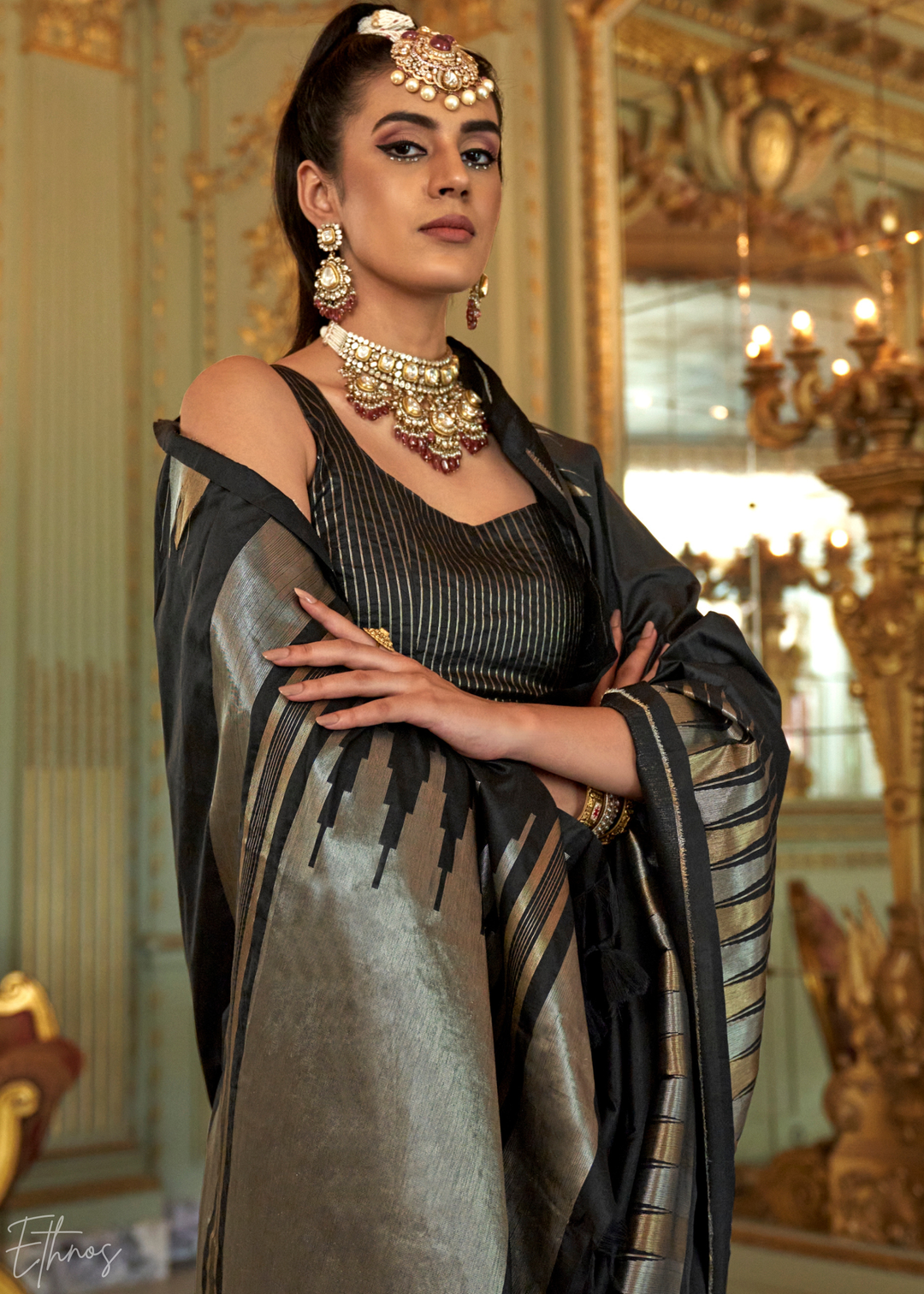 Charcoal Black Metallic Temple Wave Silk Saree