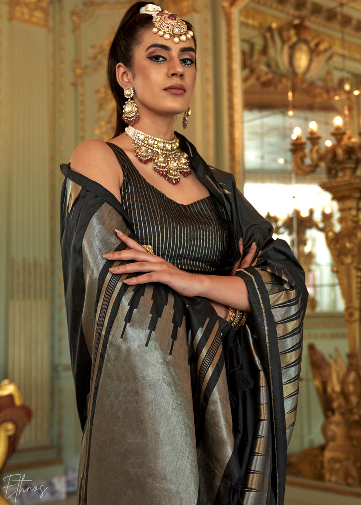 Charcoal Black Metallic Temple Wave Silk Saree