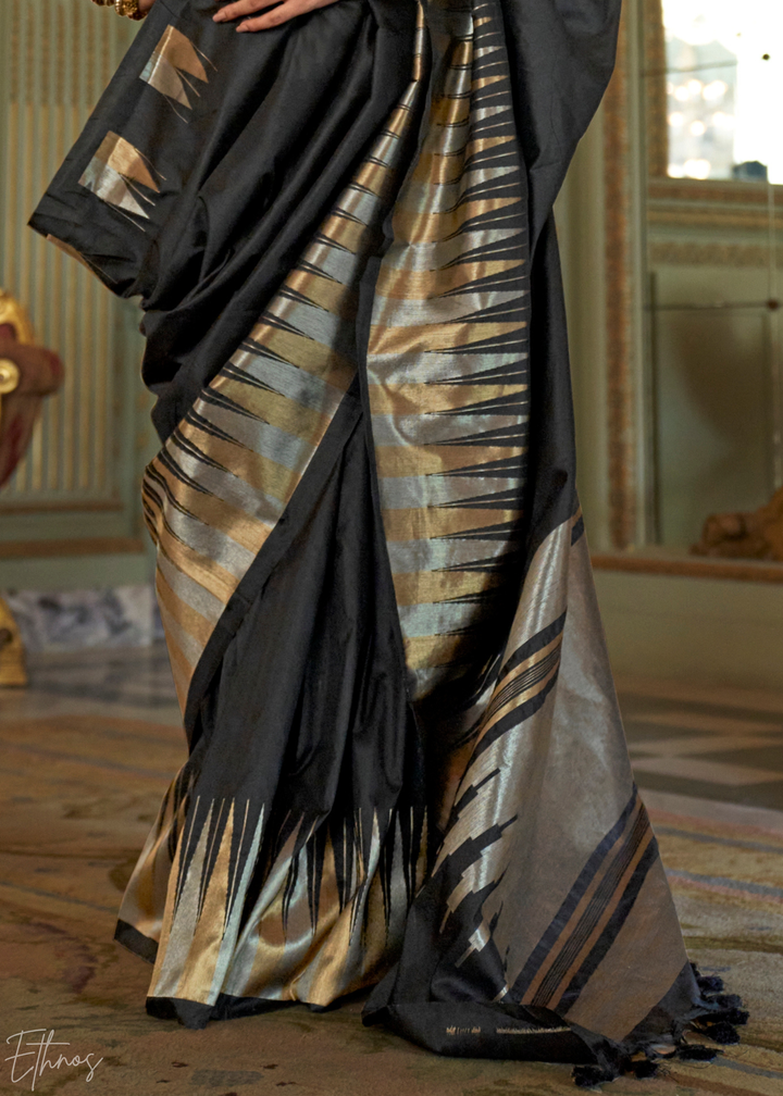Charcoal Black Metallic Temple Wave Silk Saree