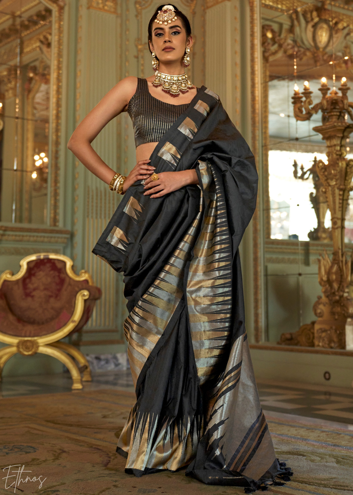 Charcoal Black Metallic Temple Wave Silk Saree
