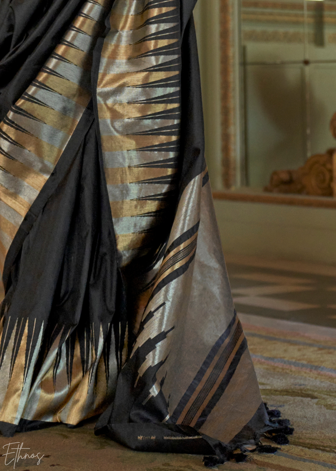 Charcoal Black Metallic Temple Wave Silk Saree