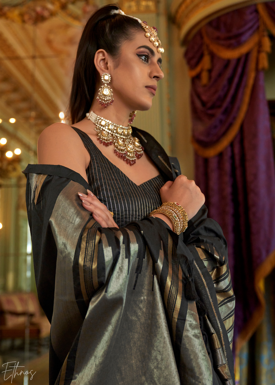 Charcoal Black Metallic Temple Wave Silk Saree