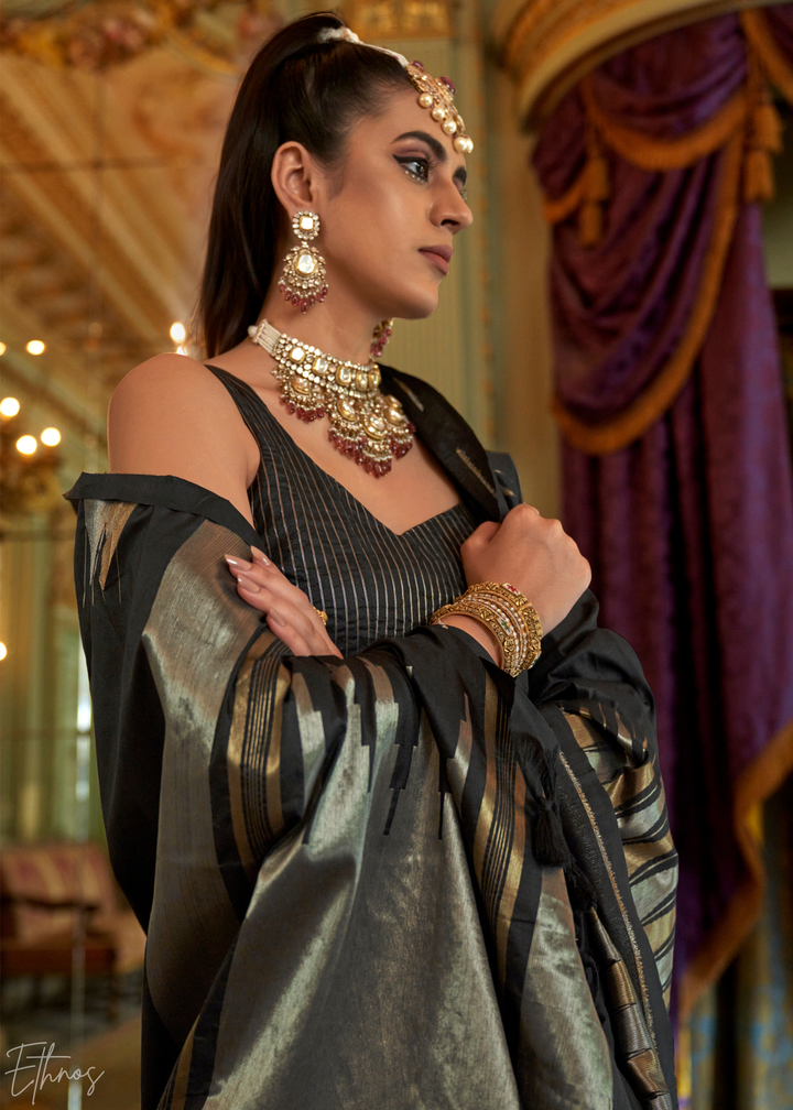 Charcoal Black Metallic Temple Wave Silk Saree