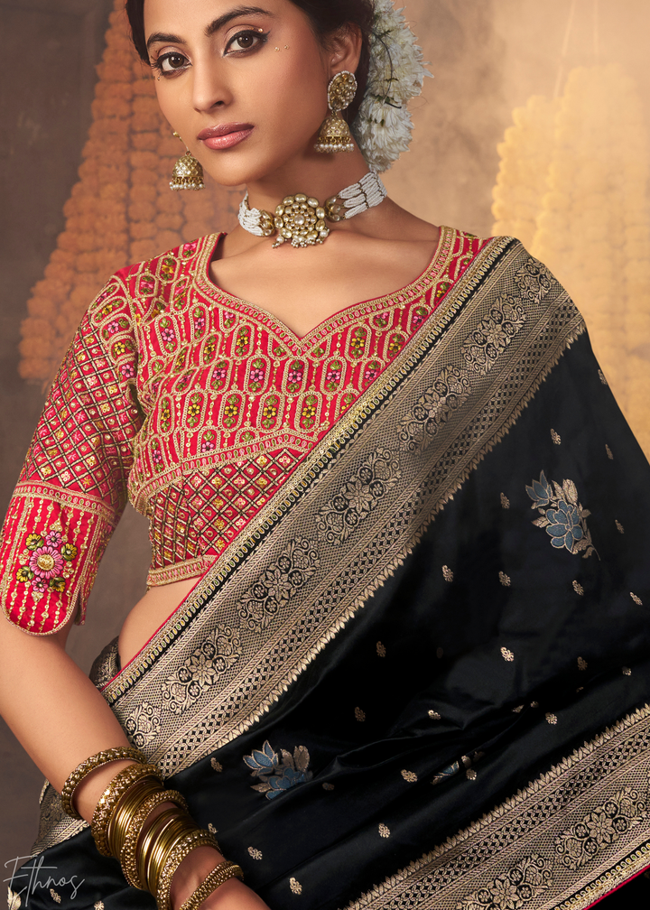 Charcoal Black Pure Art Silk Saree