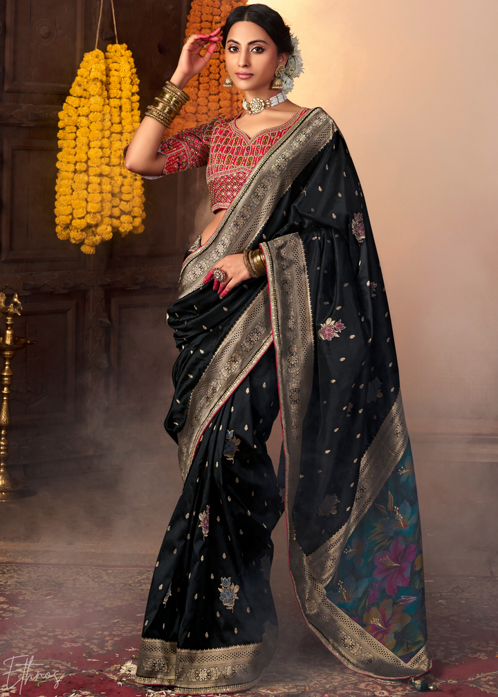 Charcoal Black Pure Art Silk Saree