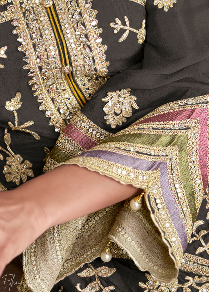 Charcoal Gray Embroidered Chinon Palazzo Suit