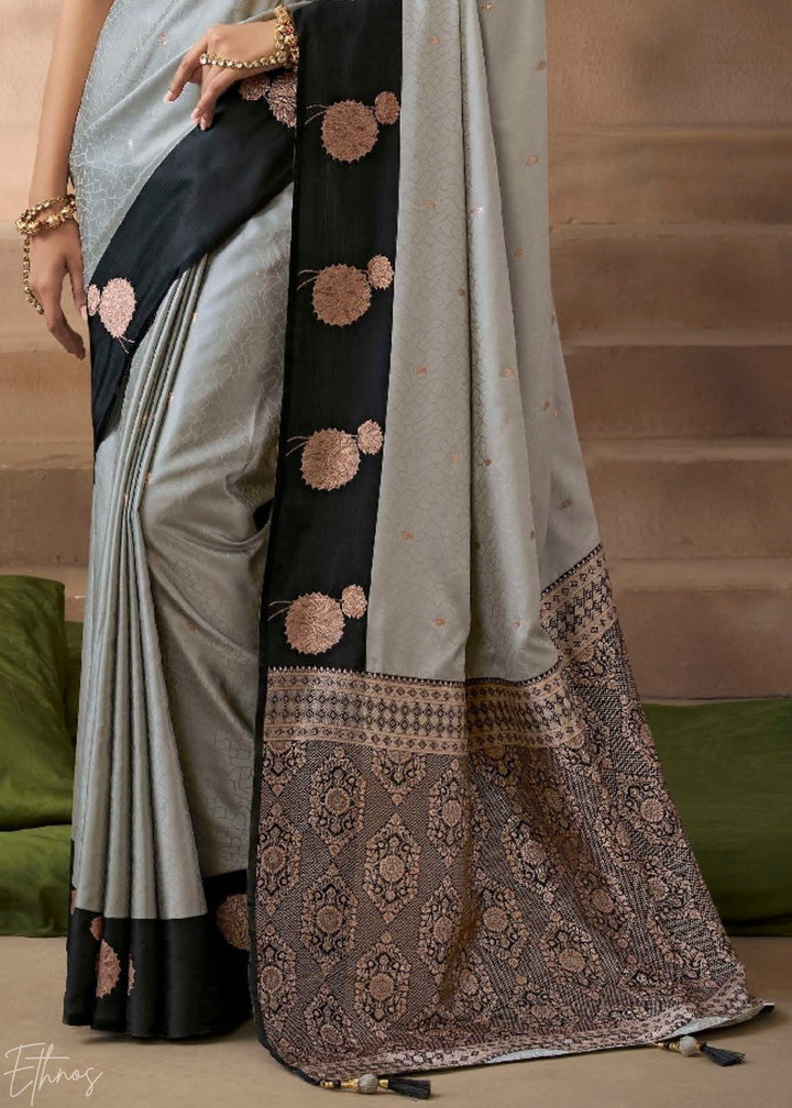 Charcoal Grey Satin Silk Saree