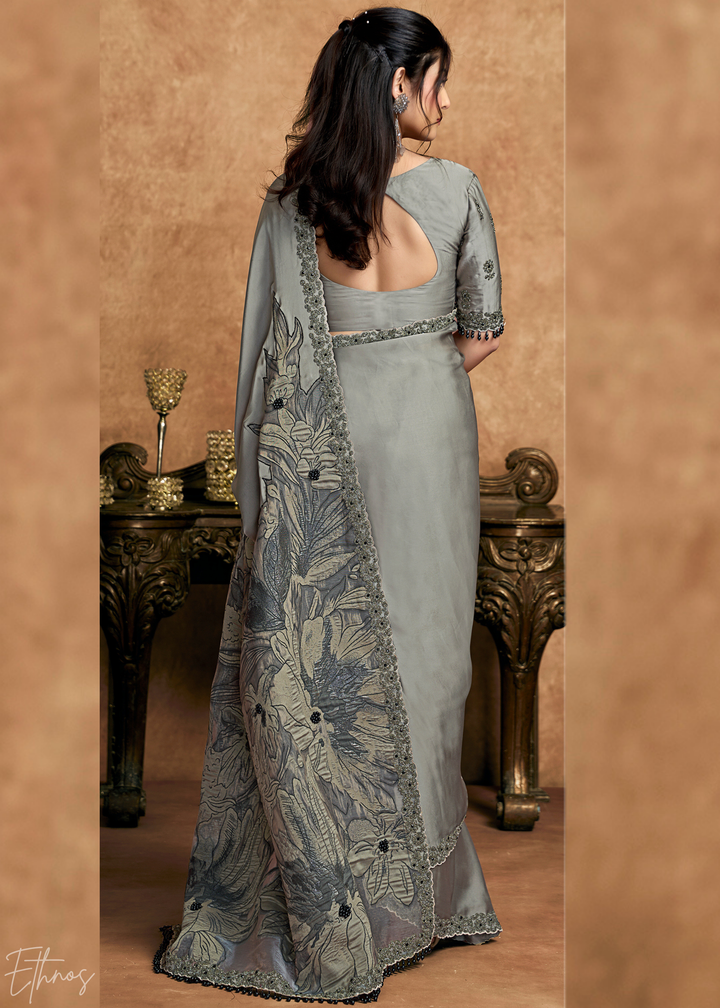 Charcoal Grey Sequin Embroidered Satin Silk  Saree