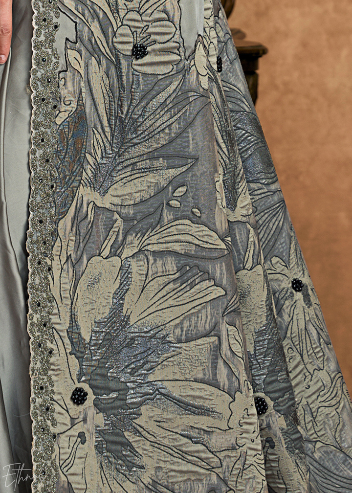 Charcoal Grey Sequin Embroidered Satin Silk  Saree