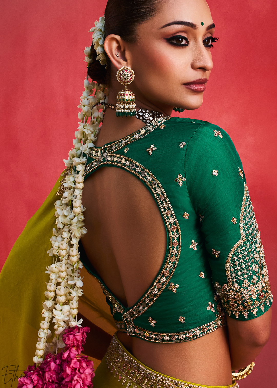 Chartreuse Olive Paisley Trim Border Soft Silk Saree