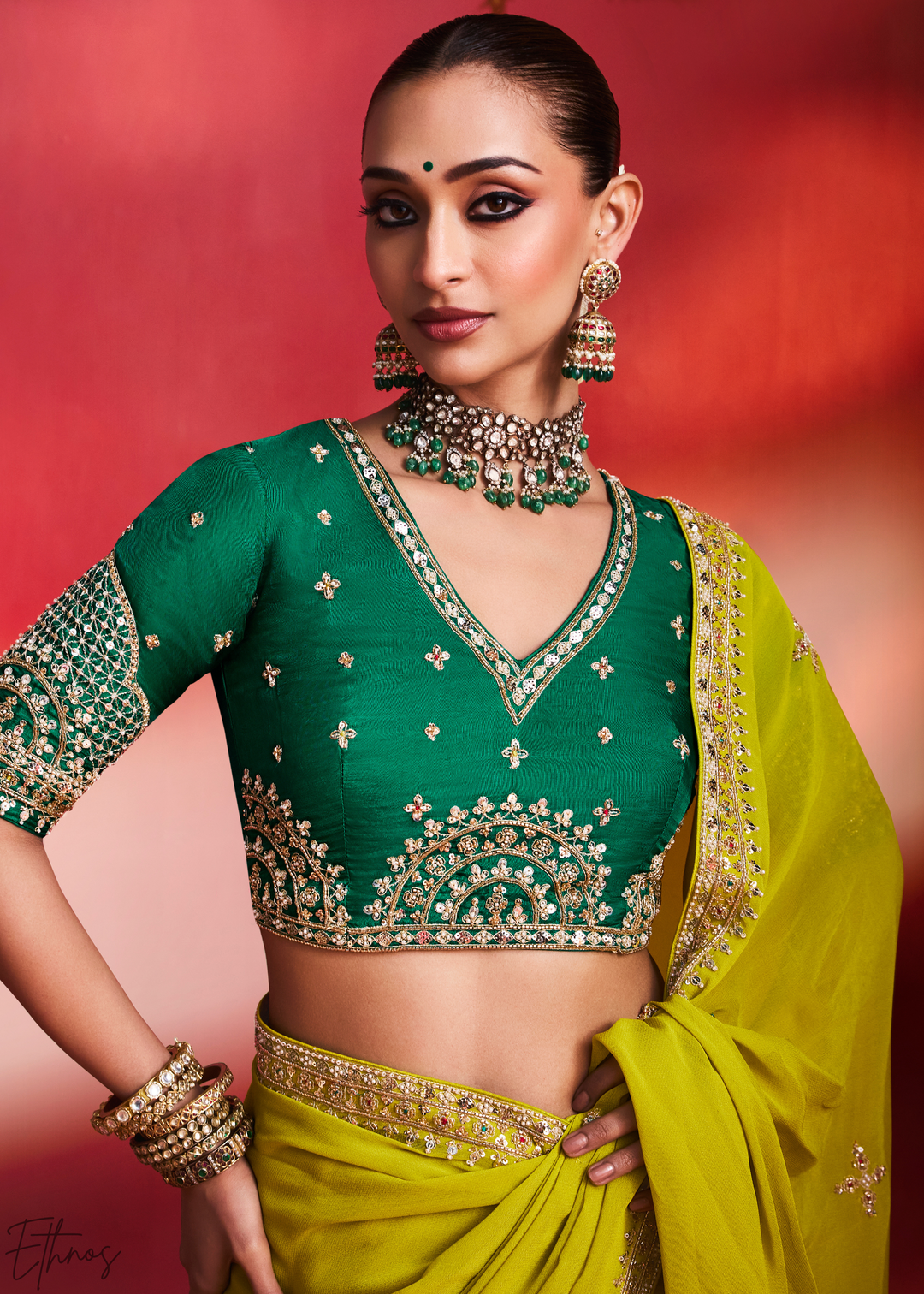 Chartreuse Olive Paisley Trim Border Soft Silk Saree