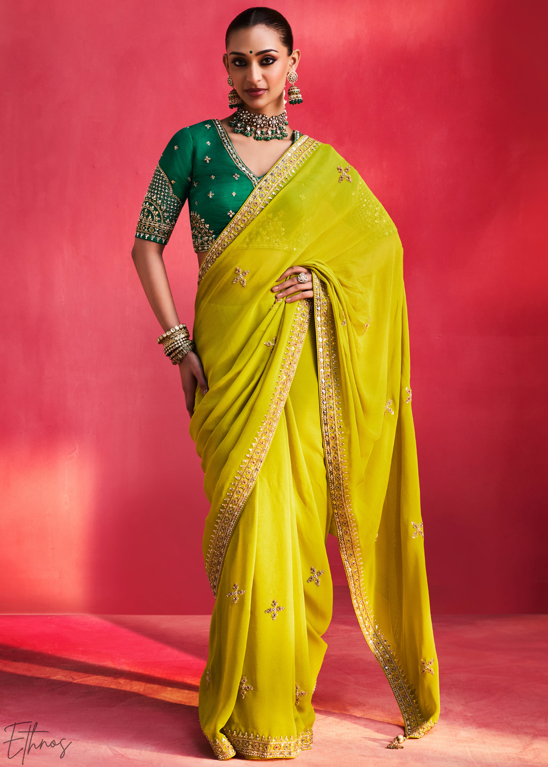 Chartreuse Olive Paisley Trim Border Soft Silk Saree