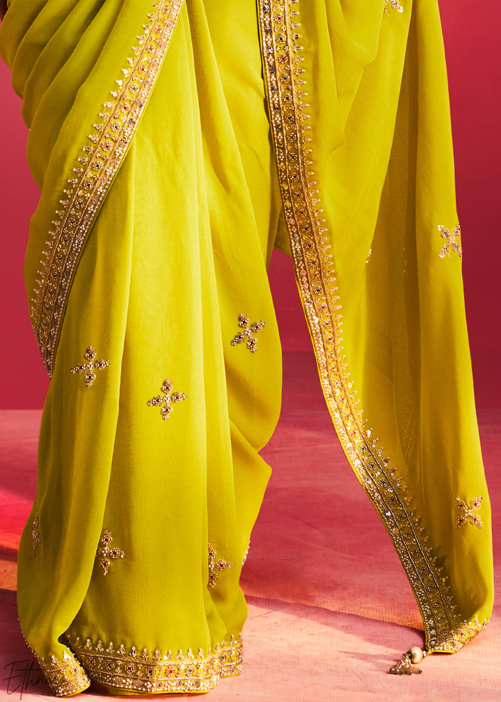 Chartreuse Olive Paisley Trim Border Soft Silk Saree