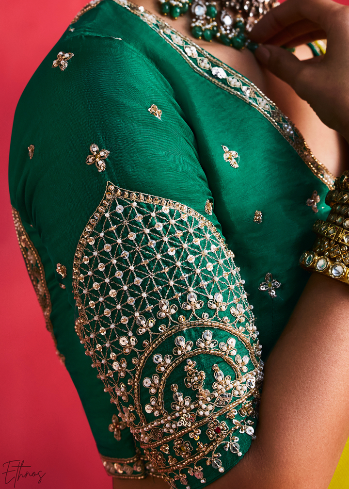 Chartreuse Olive Paisley Trim Border Soft Silk Saree
