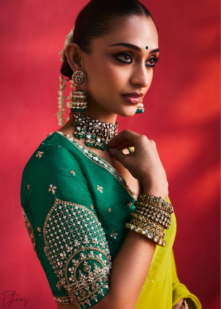 Chartreuse Olive Paisley Trim Border Soft Silk Saree
