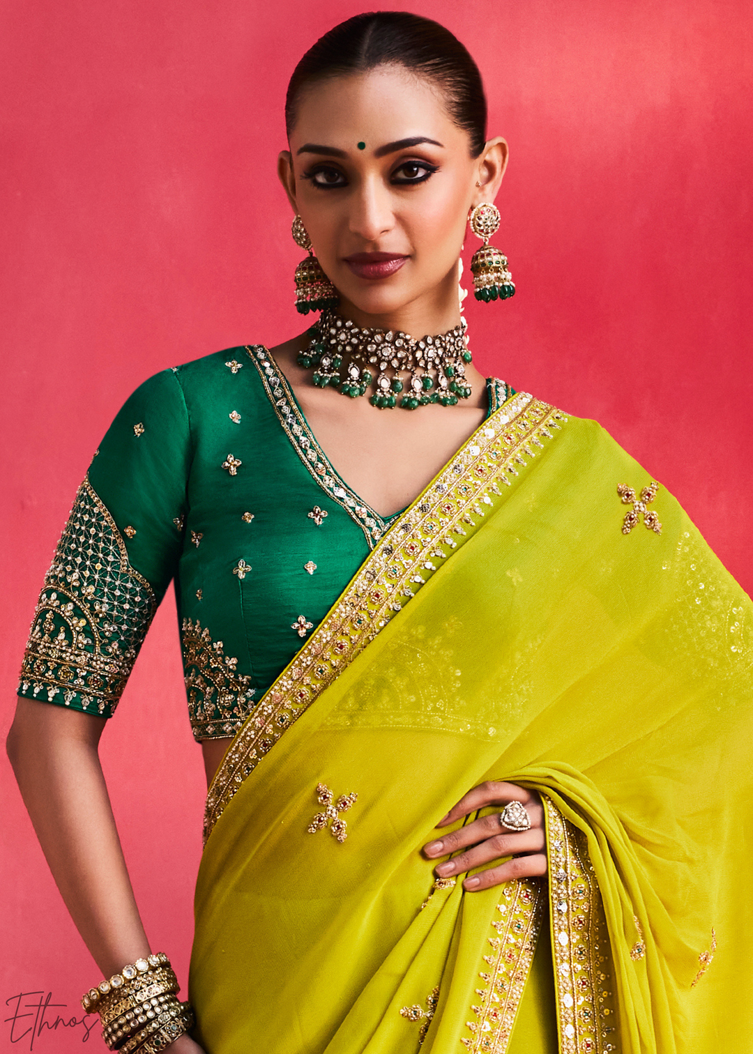 Chartreuse Olive Paisley Trim Border Soft Silk Saree