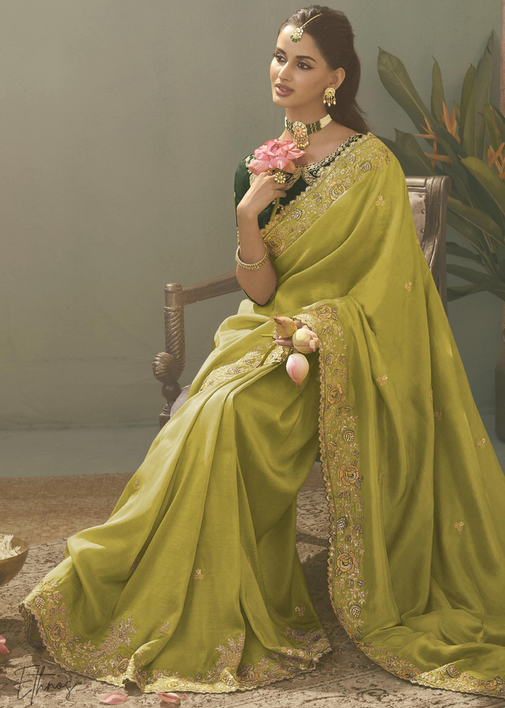 Chartreuse Olive Woven Scallop Border Upada Silk Saree