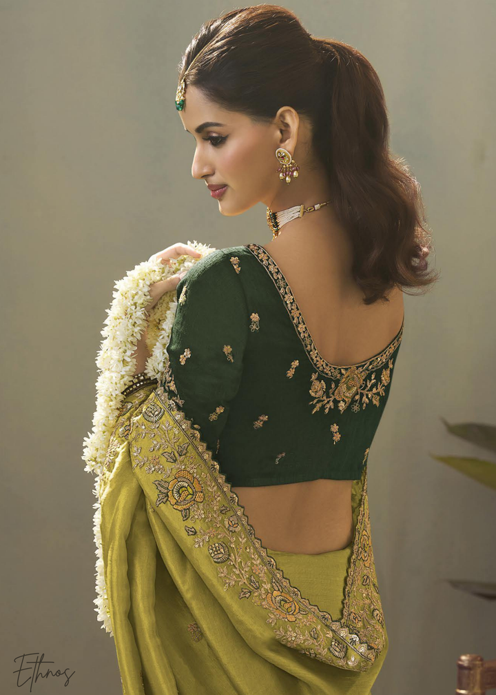 Chartreuse Olive Woven Scallop Border Upada Silk Saree